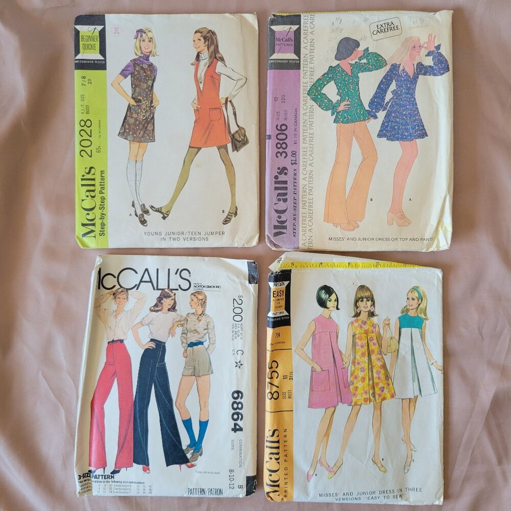 Vintage 60’s & 70’s McCall’s Sewing Patterns Lot of 4 Jr./Teen/Miss Dresses, Top